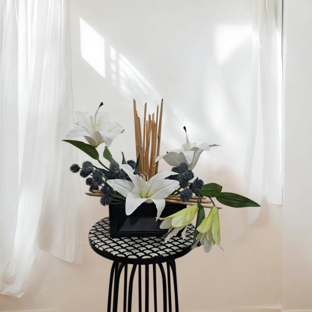 Real Touch Lily Floral Arrangement In Black Metal Pot