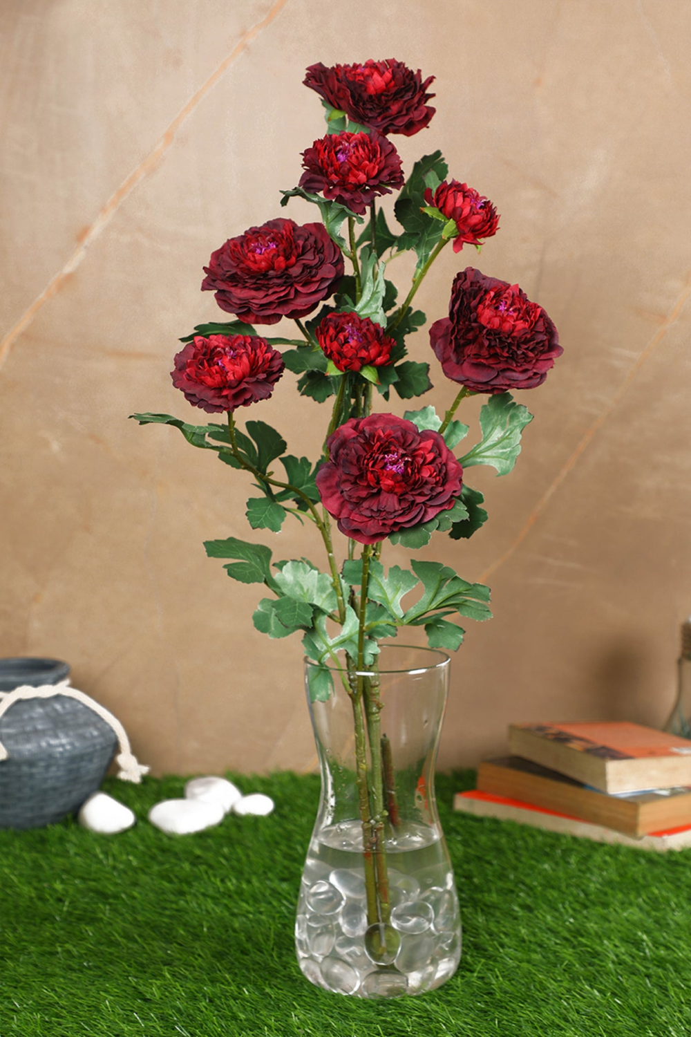 Pollination Artificial Maroon Peony Flowers Without Pot (Pack of 2)