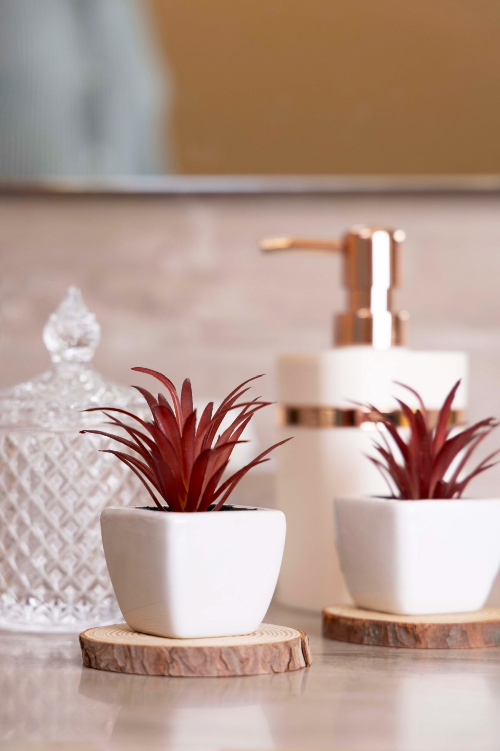 Artificial Red Succulent Bonsai Flower Plant With Ceramic Pot Pack Of 2