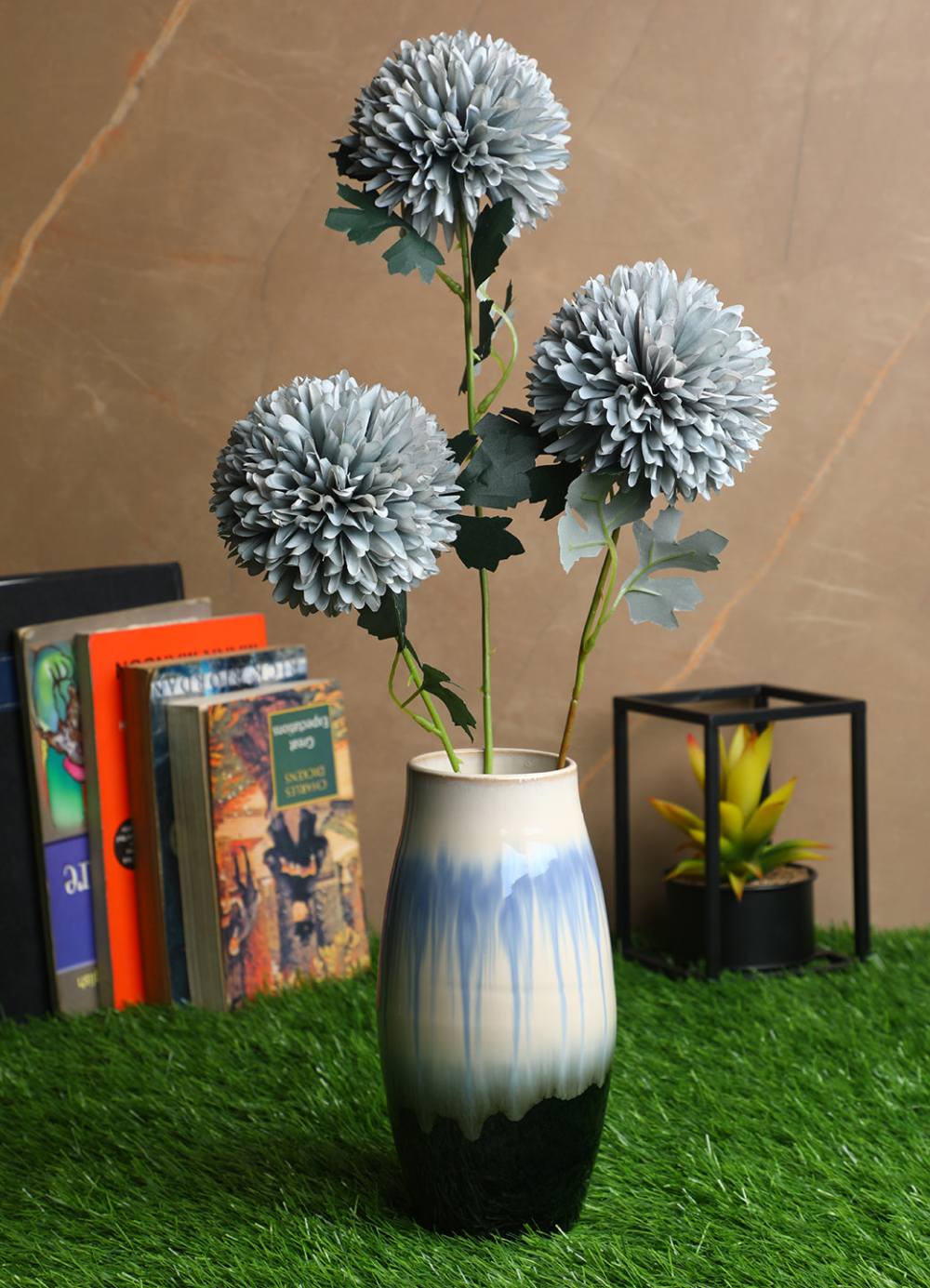 Pollination Premium Ball Mum Artificial Flower Sticks For Home, Office, Restaurant, Hotel, Party, Balcony, Garden Decor, Indoor (Pack of 3, 21 Inch)