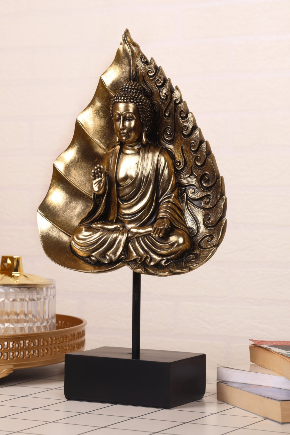 Buddha's Statue In Leaf On The Black Base for Your Home Or Office Decor - Image 2