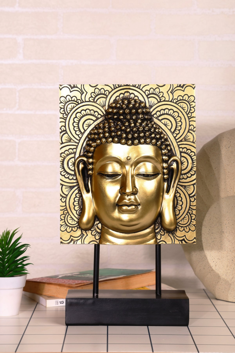 Gautam Buddha face In The Square On a Black Base Of a Stand for Your Home Or Office Decoration
